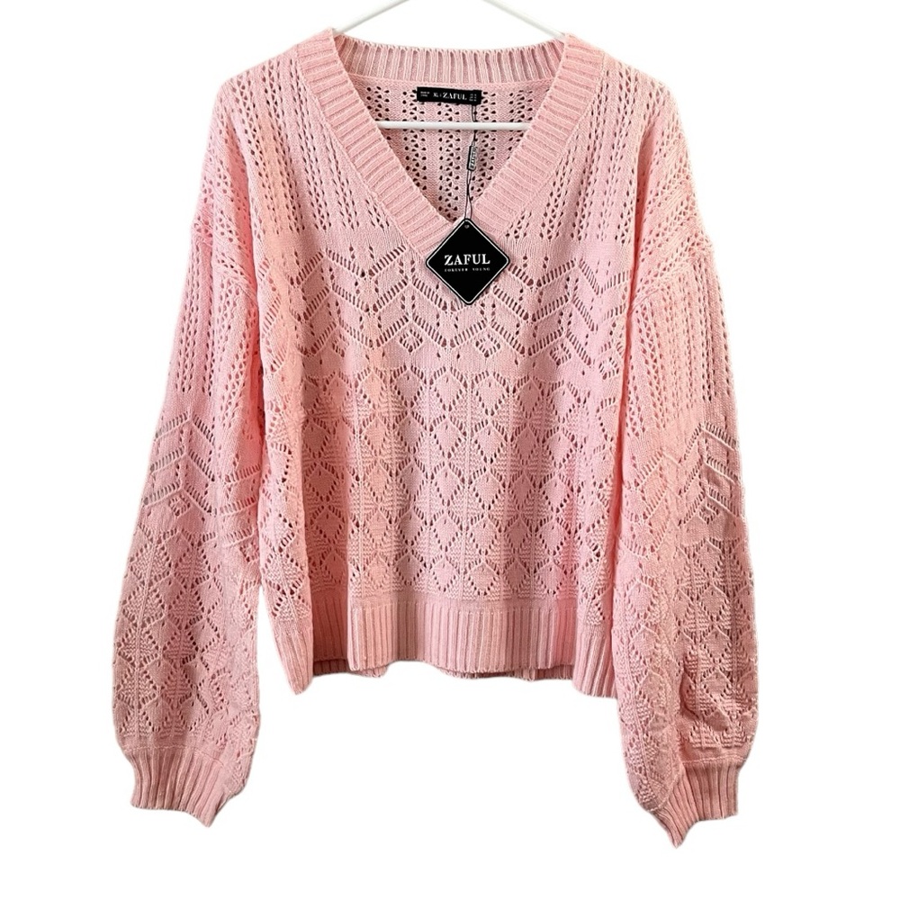 Zaful balloon sleeve knit pink v-neck pullover sweater size 10